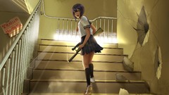 Guns schoolgirls anime girls school uniforms short hair