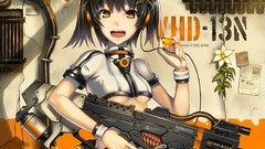 Guns short hair black hair orange eyes twintails futurist