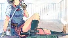 Guns snipers anime girls headsets rooftops