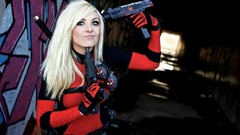 Guns suit blondes long hair blue eyes Deadpool Wade Wilson 