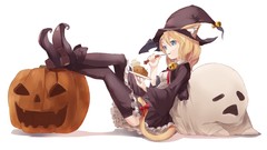 Halloween pumpkins anime girls blue eyes nekomimi animal ears 