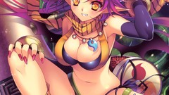 Hammer fangs anime girls yellow eyes bra purple hair cleavage 