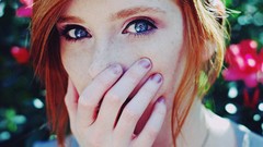 Hands close-up young faces blue eyes freckles models redheads 