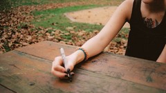 Hands Tables pens Wood smiling body parts