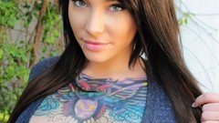 Hands tattoos blue eyes brunettes cleavage Emma Ink