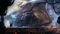 Hangar spaceships cityscapes artwork digital art