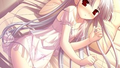 Happiness beds red eyes pillows blush pink hair game cg lying 