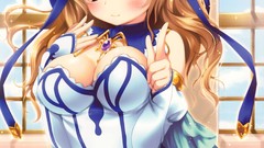 Hats anime girls parasol green eyes brunettes cleavage visual 