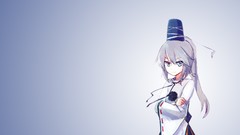 Hats blue background anime girls blue eyes ponytails gray hair 