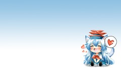 Hats fangs Chibi Ribbons sitting blush blue hair closed eyes 