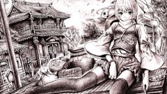 Hats goddess sitting monochrome houses skirts anime girls short 