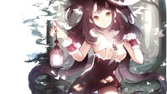 Hats Lamps long hair anime girls yellow eyes black hair animal 