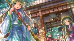 Hats outdoors skirts long hair green eyes short hair yellow 