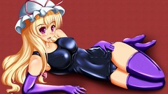 Hats red background gloves bows blondes blush long hair anime 