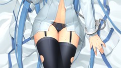 Hats red eyes Ribbons stockings blue hair long hair anime girls 