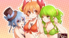 Hats Ribbons blush blue hair anime girls blue eyes green eyes 