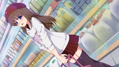 Hats skirts long hair anime girls blue eyes indoors brunettes 