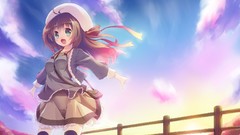 Hats skirts long hair anime girls green eyes brunettes skies 