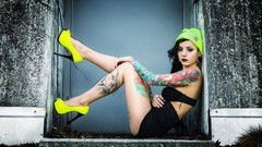 Hats tattoos brunettes piercings black hair high heels