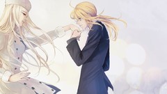 Hats white hair saber red eyes suit coat blondes long hair 