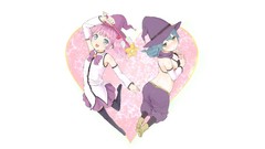 Hats witch staff blue hair pink hair long hair gray eyes anime 
