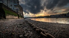 hdr sunset river sky clouds cityscape