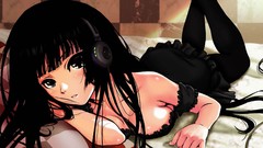 Headphones Anime anime girls black hair laying down Gakkou wo 
