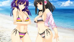 Headphones Anime Beaches happy black hair purple hair ecchi 