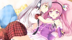 Headphones Anime beds blush pink hair long hair pink eyes anime 