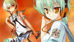 Headphones Anime blue hair anime girls school uniforms yellow 