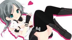 Headphones anime girls blue eyes gray hair twintails thigh highs