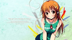 Headphones anime girls brown eyes orange hair necklaces