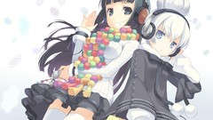 Headphones anime girls brunettes gray hair H2SO4 (Illustrator)