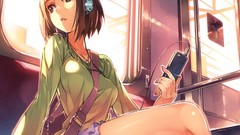 Headphones anime girls brunettes short hair original characters 