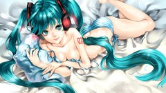 Headphones anime girls hatsune miku vocaloid cleavage underwear 