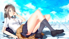 Headphones anime girls school uniforms underwear panties