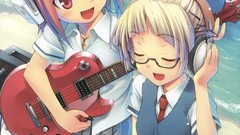Headphones Anime glasses tie red eyes schoolgirls guitars 