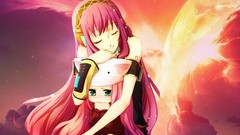 Headphones Anime pink hair long hair green eyes vocaloid 