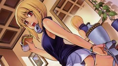 Headphones Anime red eyes blondes eating anime girls open mouth 