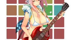 Headphones Anime red eyes guitars pink hair anime girls boobs