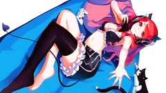 Headphones Anime red eyes stockings lying down cleavage