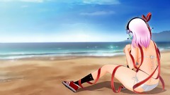 Headphones Anime Ribbons Beaches pink hair anime girls 
