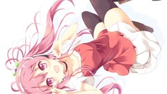 Headphones Anime skirts pink hair long hair pink eyes school 