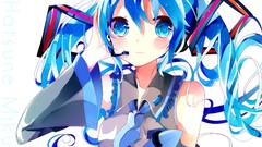 Headphones Anime tie white background faces blush blue hair 