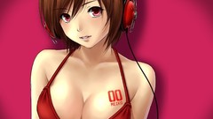 Headphones Anime vocaloid meiko duplicate cleavage upscaled
