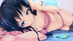 Headphones artist Manga anime girls blue eyes brunettes 