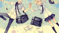 Headphones Bags blondes twins anime girls blue eyes closed eyes 