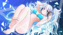 Headphones barefoot anime girls bottomless bikini top aqua hair 