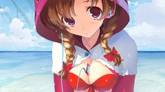 Headphones Beaches anime girls braids cleavage bikini swimsuits