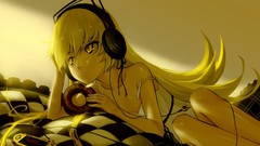 Headphones beds blondes anime girls bakemonogatari yellow eyes 